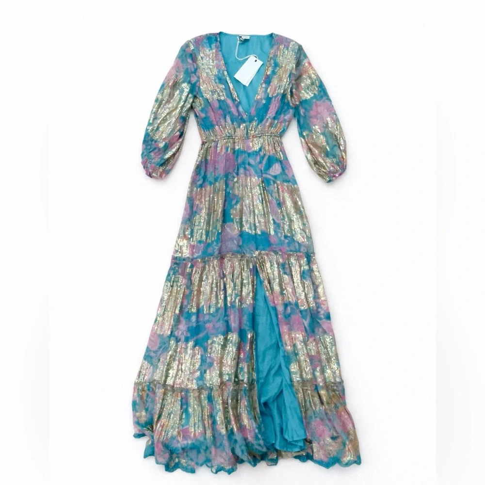 💕sold💕HEMANT & NANDITA Turquoise Pink Long Sleeve Dress Boho Kentucky Derby Maxi - Picture 2 of 4